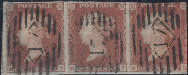 143600 1850 1d ARCHER EXPERIMENTAL PERFORATION PL.98 (SG16b)(MF) MATCHED WITH IMPERF IN A STRIP OF THREE, GOOD USED.