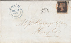 143605 1840 MAIL ST AGNES, CORNWALL TO HAYLE 1d BLACK PL.6 (SG2)(DG).
