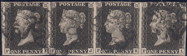 143606 1840 1d BLACK PLATE TEN (SG2) FINE TO VERY FINE USED STRIP OF FOUR.