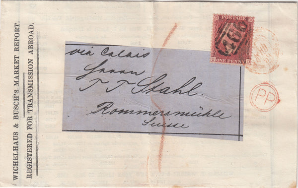 143608 1859 PRINTED MATTER LIVERPOOL TO SWITZERLAND 1d (SG40)(ID).
