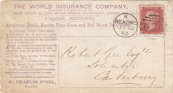 143611 1863 'THE WORLD INSURANCE COMPANY' ILLUSTRATED ENVELOPE READING TO CANTERBURY WITH 1d (SG40).