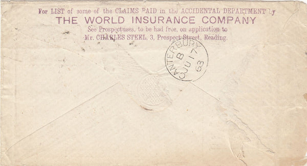 143611 1863 'THE WORLD INSURANCE COMPANY' ILLUSTRATED ENVELOPE READING TO CANTERBURY WITH 1d (SG40).
