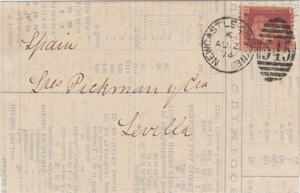 143612 1874 PRINTED MATTER NEWCASTLE ON TYNE TO SEVILLA, SPAIN 1d PL.155 (SG43).