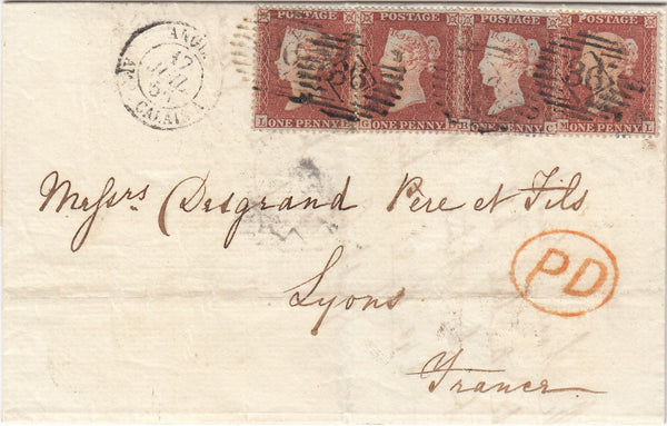143613 1855 MAIL LONDON TO LYONS, FRANCE WITH 1d (SG17) X 4.