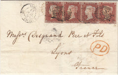 143613 1855 MAIL LONDON TO LYONS, FRANCE WITH 1d (SG17) X 4.