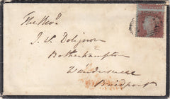 143614 1854 MOURNING ENVELOPE BRANDON, SUFFOLK TO BRIDPORT 1d (SG17) PL.155 MISPLACED SHEET FEED, 'HILBOROUGH' UDC.