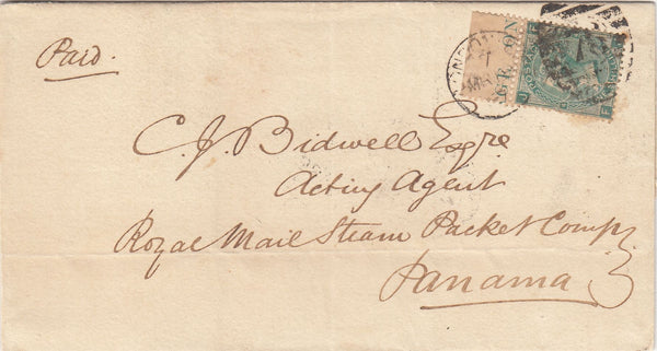 143619 1867 MAIL LONDON TO PANAMA 1s GREEN PL.4 (SG117) WITH MARGINAL INSCRIPTION.