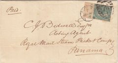 143619 1867 MAIL LONDON TO PANAMA 1s GREEN PL.4 (SG117) WITH MARGINAL INSCRIPTION.