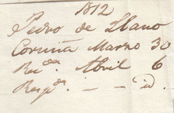 143621 1812 MAIL CORUNNA, SPAIN TO LONDON 'SHIP LETTER/CROWN/PLYMOUTH' HANDSTAMP (Tab S.5).