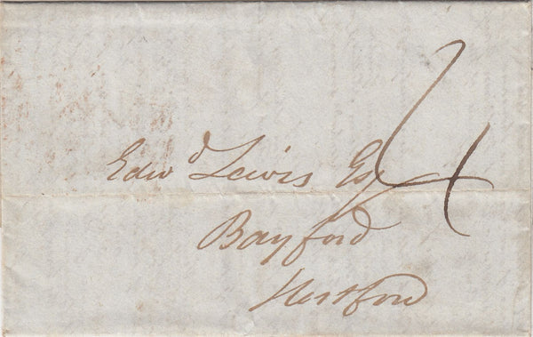 143625 1839 UNIFORM FOURPENNY POST LONDON TO BAYFORD, HERTFORD CHARGED '4'.