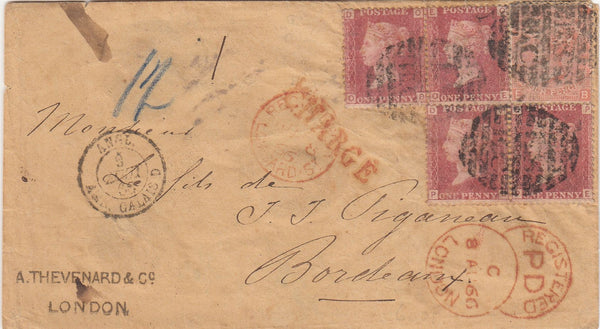 143628 1866 REGISTERED MAIL LONDON TO BORDEAUX 4d (SG94) 1d PL.92 (SG43) X 4.