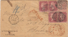 143628 1866 REGISTERED MAIL LONDON TO BORDEAUX 4d (SG94) 1d PL.92 (SG43) X 4.