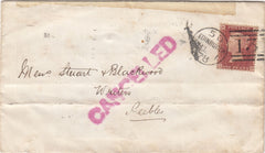 143630 1878 MAIL EDINBURGH TO PEEBLES 1d PL.183 (SG43) REUSED IN 1943 WITH ORIGINAL USAGE OVERPRINTED 'CANCELLED'.