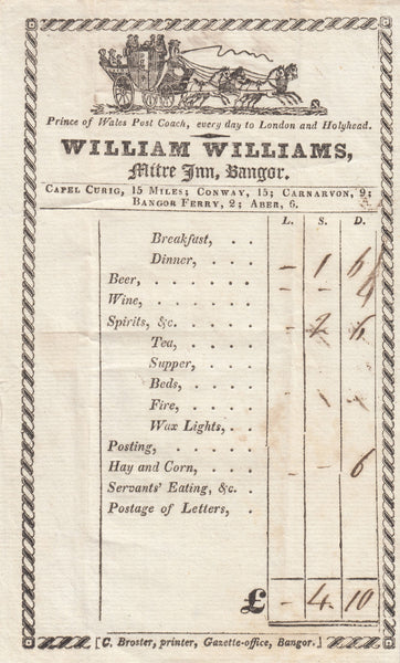 143636  CIRCA 1821 COACHING INN RECEIPT 'Mitre Inn Bangor'.
