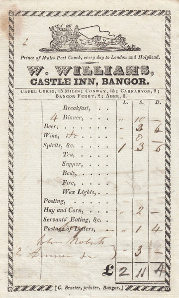 143637 CIRCA 1824 COACHING INN RECEIPT  'CASTLE INN, BANGOR'.