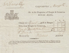 143638 1811 PRINTED BILL FOR THE CARRIAGE OF PARCELS BY THE 'BANGOR AND CARNARVON ROYAL MAIL'.