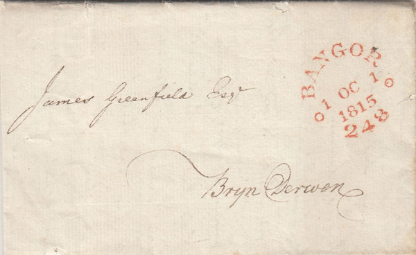 143641 1815 LETTER GORPHWYSFA, ANGLESEY TO BRYN DERWEN WITH CIRCULAR 'BANGOR/248' MILEAGE MARK (W200).