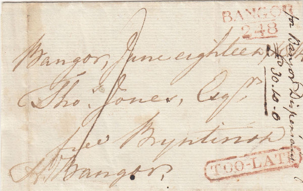 143643 1814 FREE MAIL BANGOR TO BRYNTIRION WITH 'BANGOR/248' MILEAGE MARK (W198) AND 'TOO-LATE' HANDSTAMP (W238).