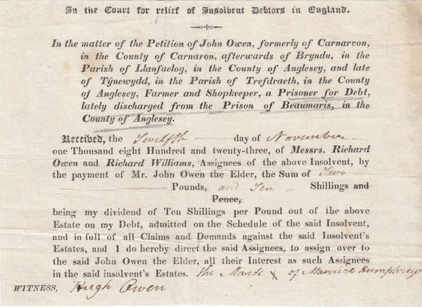 143658 1823 PRINTED DOCUMENT RE DISCHARGEMENT OF DEBTOR, DISCHARGED FROM BEAUMARIS PRISON.
