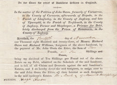 143658 1823 PRINTED DOCUMENT RE DISCHARGEMENT OF DEBTOR, DISCHARGED FROM BEAUMARIS PRISON.
