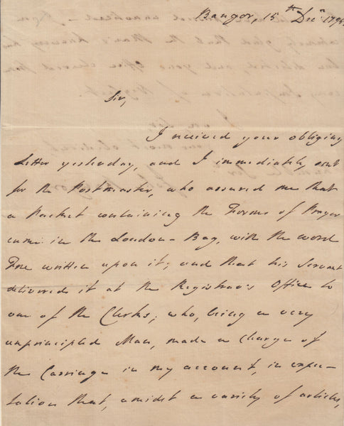 143661 1795 LETTER ONLY FROM THE BISHOP OF BANGOR EXONERATING THE BANGOR POST OFFICE ABOUT AN APPARENT MISLAID PACKAGE.