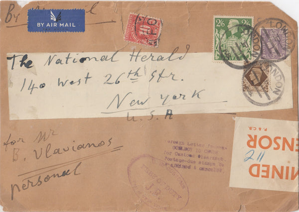 143663 CIRCA 1942 AIRMAIL LONDON TO NEW YORK KGVI 1s, 3d and 2/6 YELLOW-GREEN (SG476b).