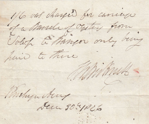 143666 1826 RECEIPT PENRHYN ARMS, BANGOR,  RE CARRIAGE OF OYSTERS VIA MAIL COACH SALOP TO BANGOR.