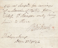 143666 1826 RECEIPT PENRHYN ARMS, BANGOR,  RE CARRIAGE OF OYSTERS VIA MAIL COACH SALOP TO BANGOR.