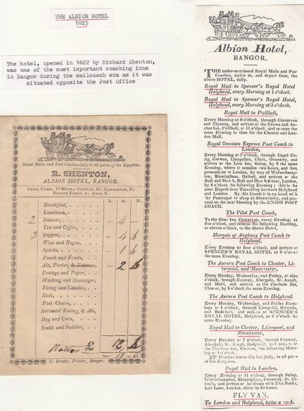 143669 1825 COACHING INN RECEIPT 'R. SHENTON, ALBION HOTEL, BANGOR'.