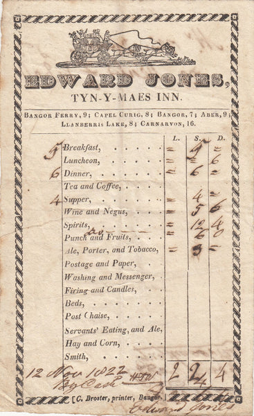 143670 1822 COACHING INN RECEIPT 'EDWARD JONES, TYN-Y-MAES INN'.