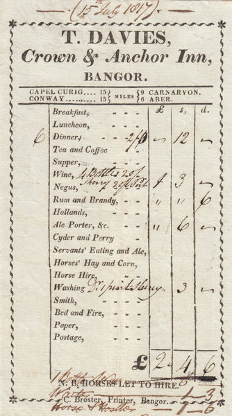 143671 1817 COACHING INN RECEIPT 'T. DAVIES, CROWN AND ANCHOR INN, BANGOR'.