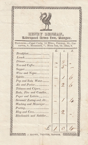 143672 1832 COACHING INN RECEIPT 'HENRY DENMAN, LIVERPOOL ARMS INN, BANGOR'.