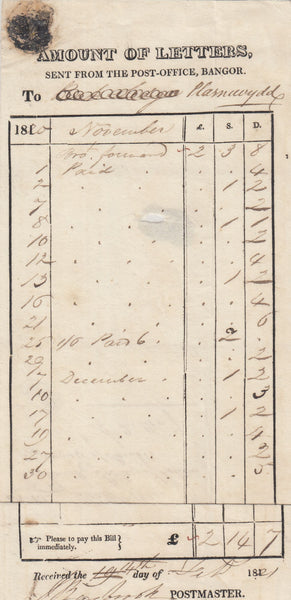 143673 1820 PRINTED DOCUMENT 'AMOUNT OF LETTERS, SENT FROM THE POST-OFFICE, BANGOR'. To 'Plasnewydd' SIGNED BY 'J. RASBROOK' POSTMASTER OF BANGOR.