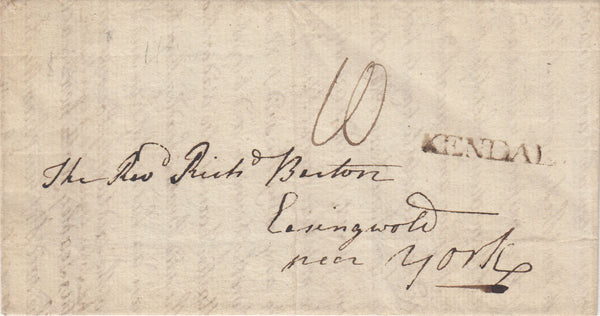 143676 1791 MAIL KENDAL, WESTMORLAND TO YORK 'KENDAL' HANDSTAMP (WE185).