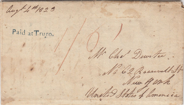 143677 1823 MAIL TRURO, CORNWALL TO NEW YORK WITH 'Paid at Truro.' HANDSTAMP IN BLUE (CO362).