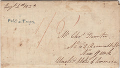 143677 1823 MAIL TRURO, CORNWALL TO NEW YORK WITH 'Paid at Truro.' HANDSTAMP IN BLUE (CO362).