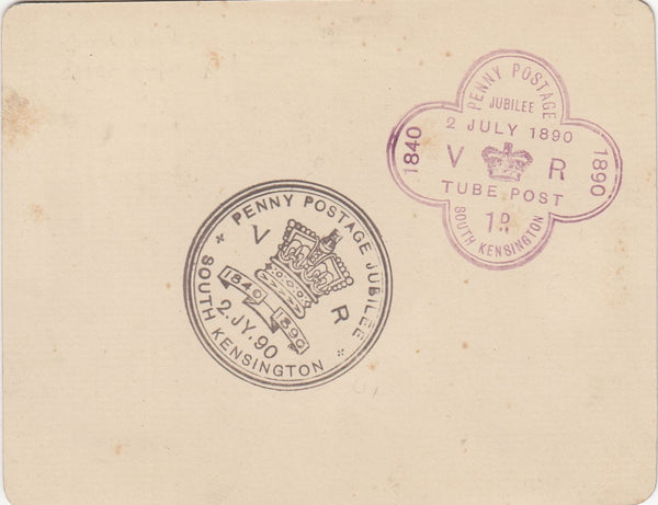 143679 1890 PENNY POSTAGE JUBILEE, CARD WITH '1d TUBE POST' AND 'SOUTH KENSINGTON' EXHIBITION HANDSTAMPS.