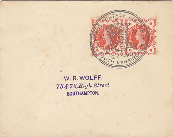 143680 1890 PENNY POSTAGE JUBILEE MAIL SOUTH KENSINGTON TO SOUTHAMPTON ½d VERMILION (SG197) X 2 'SOUTH KENSINGTON' EXHIBITION HANDSTAMP.
