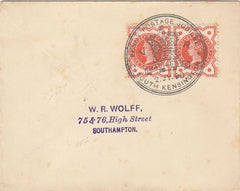143680 1890 PENNY POSTAGE JUBILEE MAIL SOUTH KENSINGTON TO SOUTHAMPTON ½d VERMILION (SG197) X 2 'SOUTH KENSINGTON' EXHIBITION HANDSTAMP.