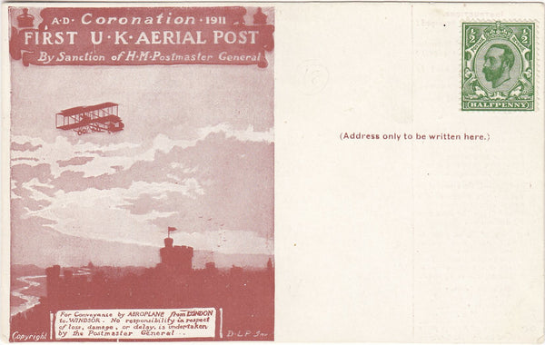 143683 1911 FIRST OFFICIAL U.K. AERIAL POST UNUSED POSTCARD IN RED-BROWN.