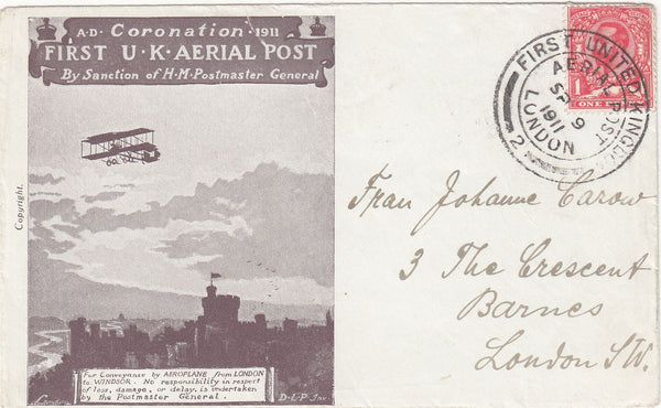 143684 1911 FIRST OFFICIAL U.K. AERIAL POST LONDON ENVELOPE IN PURPLE-BROWN USED IN LONDON.