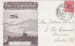 143684 1911 FIRST OFFICIAL U.K. AERIAL POST LONDON ENVELOPE IN PURPLE-BROWN USED IN LONDON.