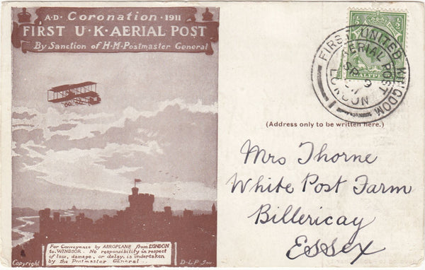 143685 1911 FIRST OFFICIAL U.K. AERIAL POST LONDON POSTCARD IN BROWN TO BILLERICAY, ESSEX.