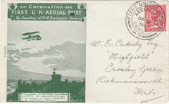 143686 1911 FIRST OFFICIAL U.K. AERIAL POST LONDON ENVELOPE IN BRIGHT GREEN TO RICKMANSWORTH, HERTS.