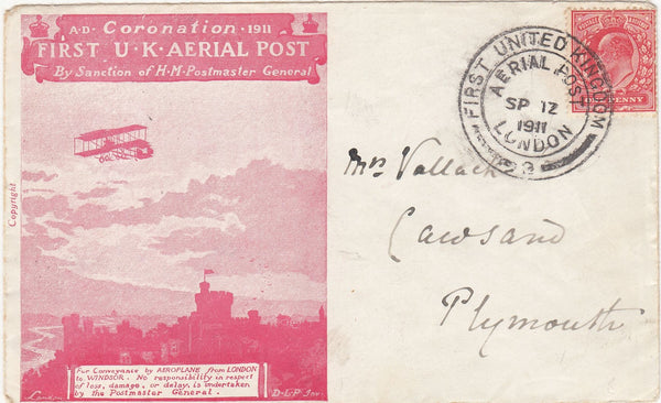 143687 1911 FIRST OFFICIAL U.K. AERIAL POST LONDON ENVELOPE IN SCARLET TO PLYMOUTH.