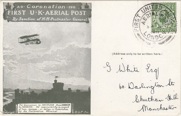 143688 1911 FIRST OFFICIAL U.K. AERIAL POST LONDON POSTCARD IN OLIVE GREEN TO MANCHESTER.