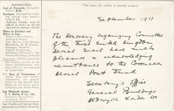 143688 1911 FIRST OFFICIAL U.K. AERIAL POST LONDON POSTCARD IN OLIVE GREEN TO MANCHESTER.