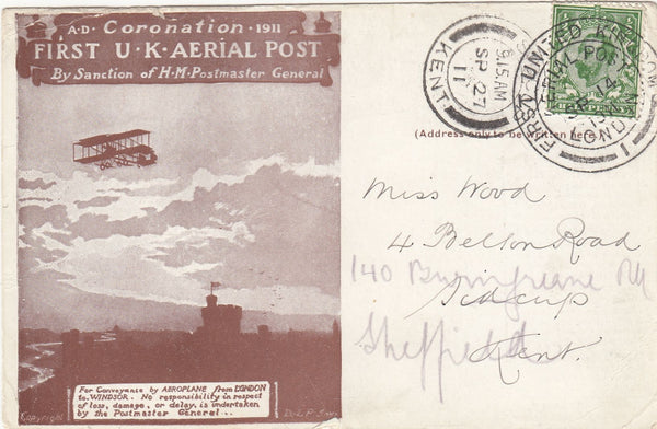 143690 1911 FIRST OFFICIAL U.K. AERIAL POST LONDON POSTCARD IN BROWN TO SIDCUP, KENT REDIRECTED TO SHEFFIELD.