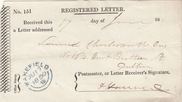 143692 1850 REGISTERED LETTER RECEIPT WITH 'WAKEFIELD' DATE STAMP.