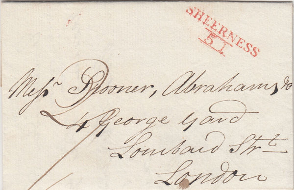 143693 1820 MAIL SHEERNESS TO LONDON ENCLOSING 'HALF NOTES' WITH 'SHEERNESS/51' MILEAGE MARK (KT1064).